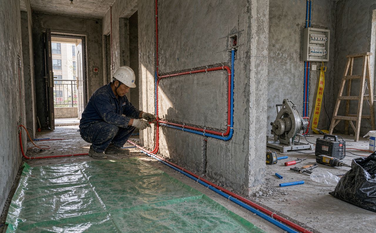 水电改造施工现场，墙面开槽走线整齐